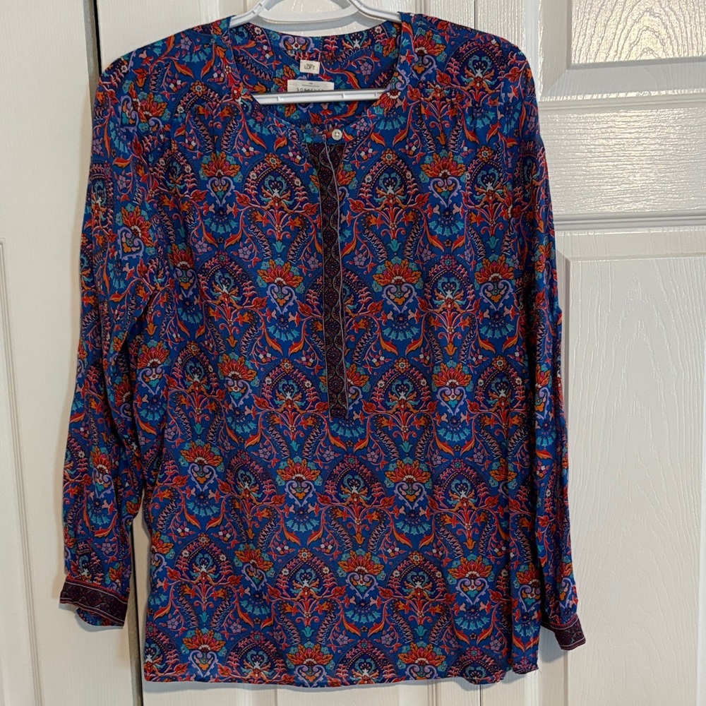 LOFT Paisley-Print Long Sleeve Tunic in Blue and Red